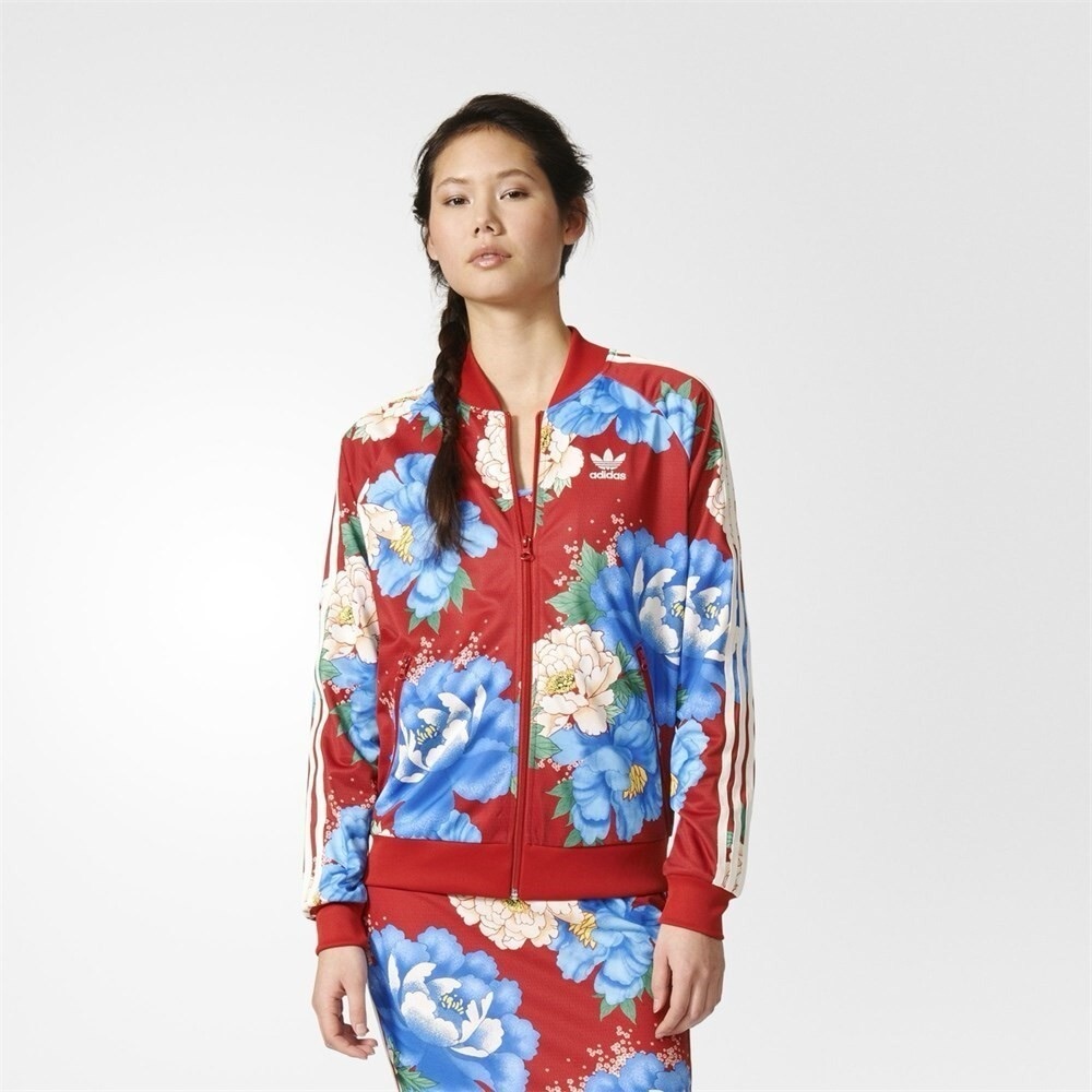 ADIDAS FARM RIO Jacket Women UK 10 S CHITA Red Originals Floral Trefoil Full Zip